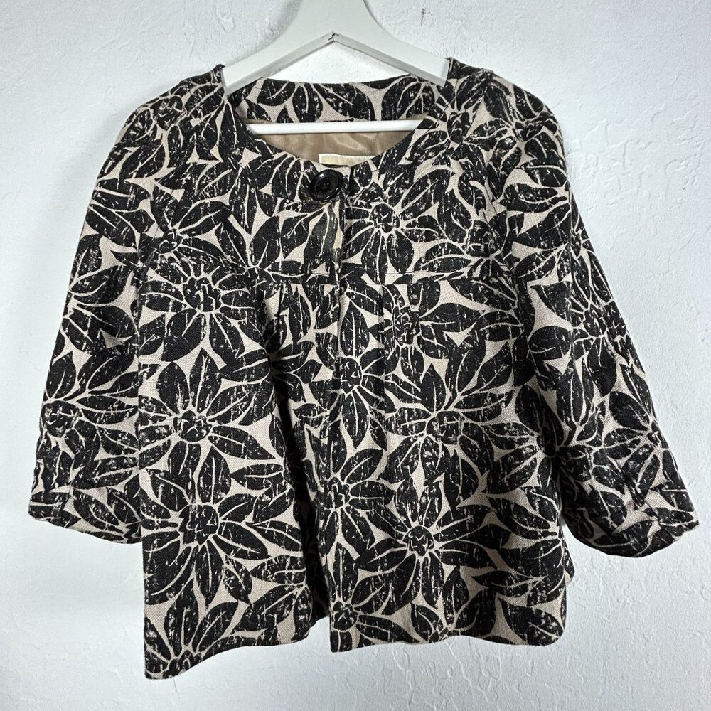 Michael Kors Womens Floral Print Linen Blazer Jacket Medium Black Button Front
